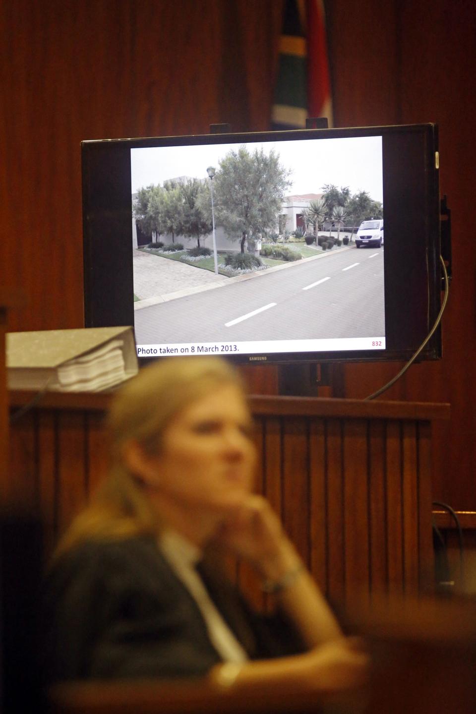 A picture of the street in which Olympic and Paralympic track star Oscar Pistorius lives is shown during the fifth day of trial for the murder of his girlfriend Reeva Steenkamp at the North Gauteng High Court in Pretoria, March 7, 2014. REUTERS/Schalk van Zuydam/Pool (SOUTH AFRICA - Tags: SPORT ATHLETICS CRIME LAW)