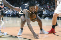Atlanta Hawks guard Treveon Graham (2) reacts after being fouled in the first half of an NBA basketball game against the Los Angeles Clippers, Wednesday, Jan. 22, 2020, in Atlanta. (AP Photo/Brett Davis)