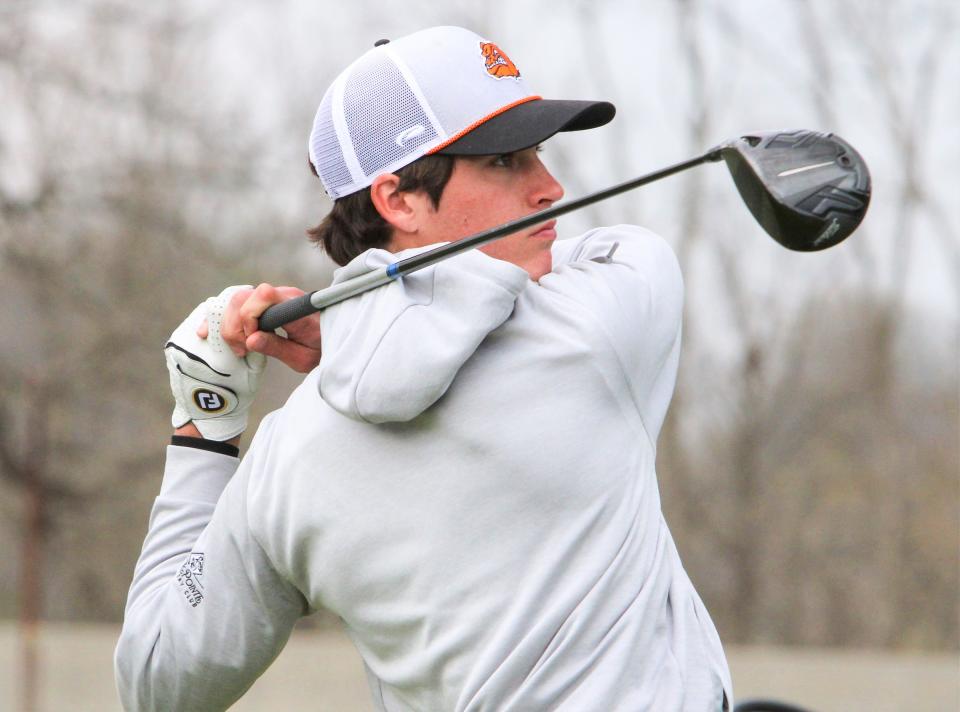 Brighton's Andrew Daily tied for second with a 72 in the KLAA preseason golf tournament Thursday, April 20, 2023 at Kensington Metropark Golf Course.