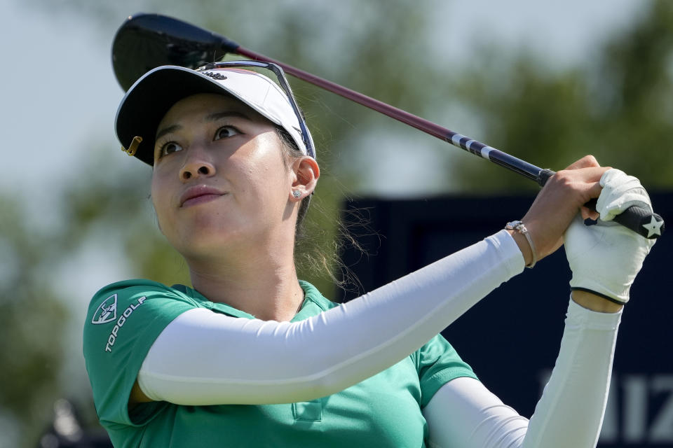 Atthaya Thitikul, of Thailand, hits off the 18th tee during the first round of the Mizuho Americas Open golf tournament, Thursday, June 1, 2023, at Liberty National Golf Course in Jersey City, N.J. (AP Photo/John Minchillo)