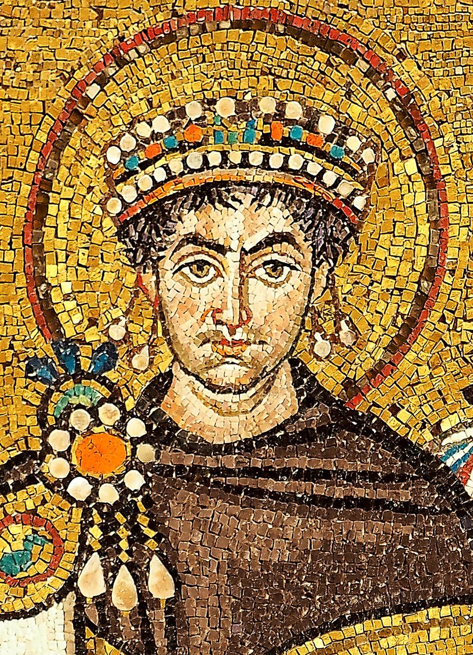 Mosaic depicting a historical figure with a halo and ornate headpiece