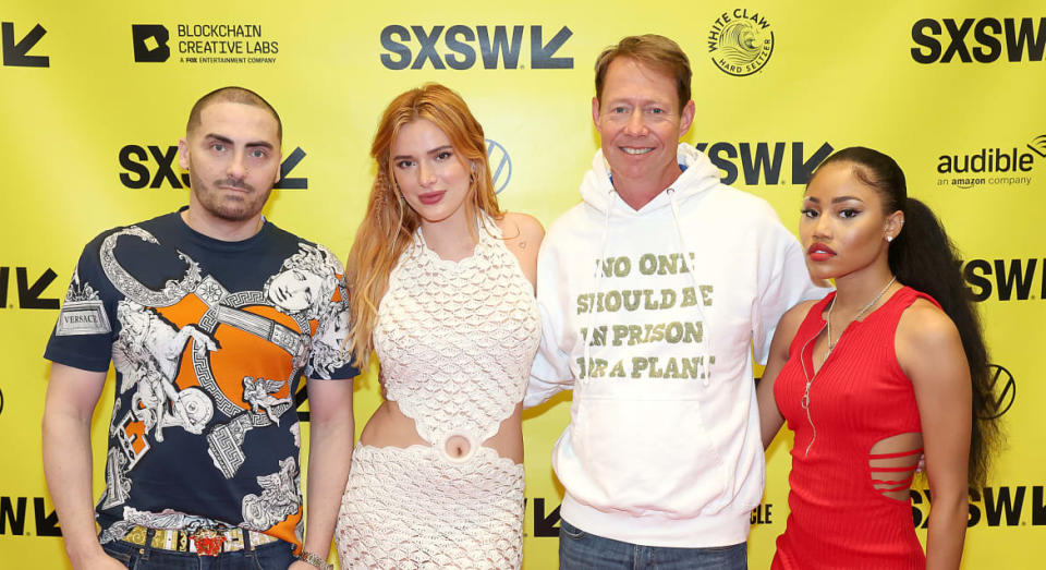<div class="inline-image__caption"><p>(L-R) Weldon Angelos, Bella Thorne, Kyle Kazan and Supa Peach at the Cannabis Evolution: Culture, Equity & Opportunity panel during SXSW 2022 on March 19, 2022, in Austin.</p></div> <div class="inline-image__credit">Gary Miller/Getty</div>