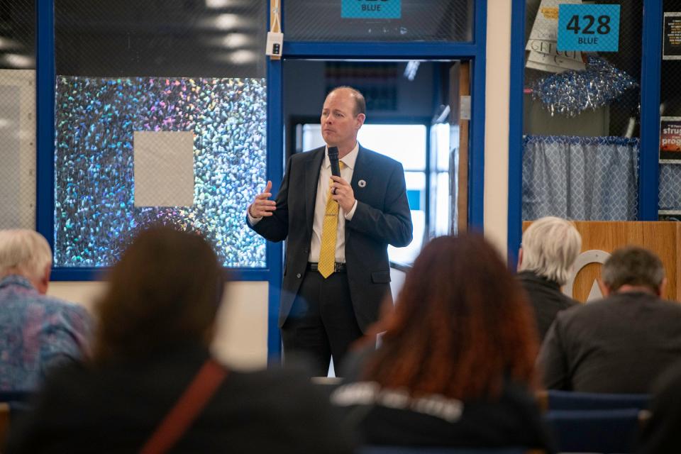 Shon Hocker, superintendent of Coeur d'Alene School District #271 in Coeur d'Alene, Idaho, speaks during a community meeting at Pueblo Central High School on Tuesday, April 16, 2024. Hocker is one of three finalists for the Pueblo School District 60 superintendent post.