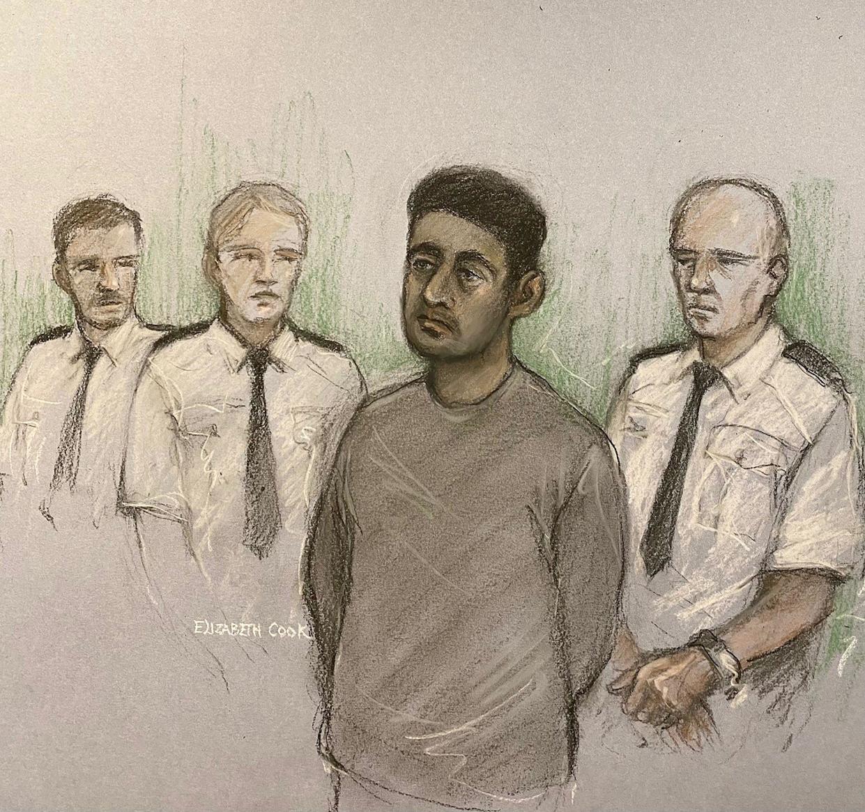 Court artist drawing by Elizabeth Cook of Habibur Masum appearing in the dock at Bradford Magistrates' Court. (PA)