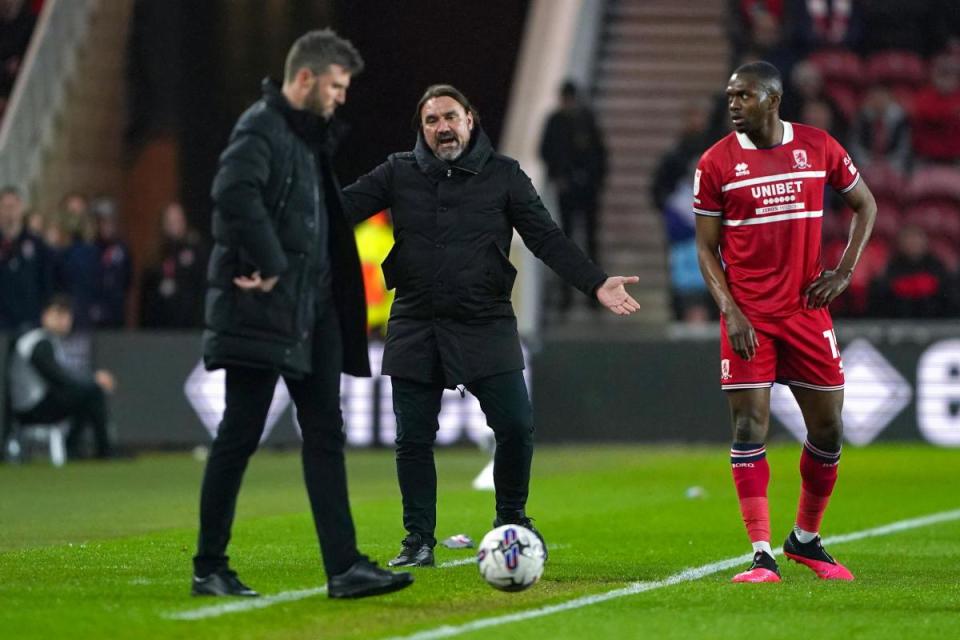 Michael Carrick and Daniel Farke exchange words on the touchline at the Riverside <i>(Image: PA)</i>