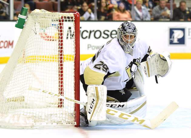 ANAHEIM, CA - DECEMBER 06: Marc-Andre Fleury #29 of the Pittsburgh Penguins watches play in the corner during the game against the Anaheim Ducks at Honda Center on December 6, 2015 in Anaheim, California. (Photo by Harry How/Getty Images)