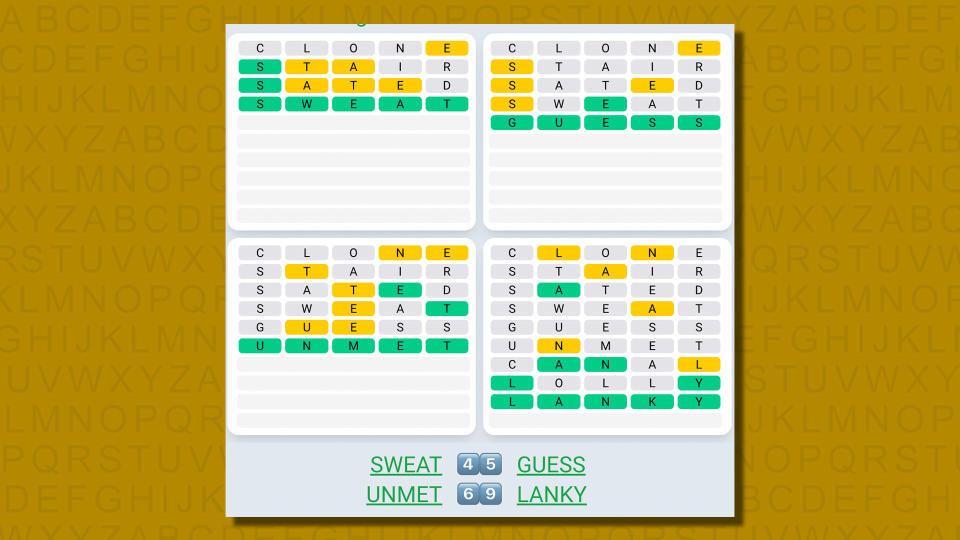 Quordle daily sequence answers for game 567 on a yellow background