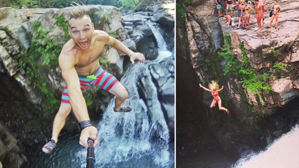Fawns Leap has grown in popularity with people as people post images of themselves jumping off the falls on social media. Source: Instagram/@thekaaterskill/@mradamx