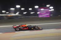 Red Bull driver Max Verstappen of the Netherlands steers his car during the qualifying session for Sunday's Bahrain Formula One Grand Prix, at the Bahrain International Circuit in Sakhir, Bahrain, Saturday, March 27, 2021. The Bahrain Formula One Grand Prix will take place on Sunday. (AP Photo/Kamran Jebreili)