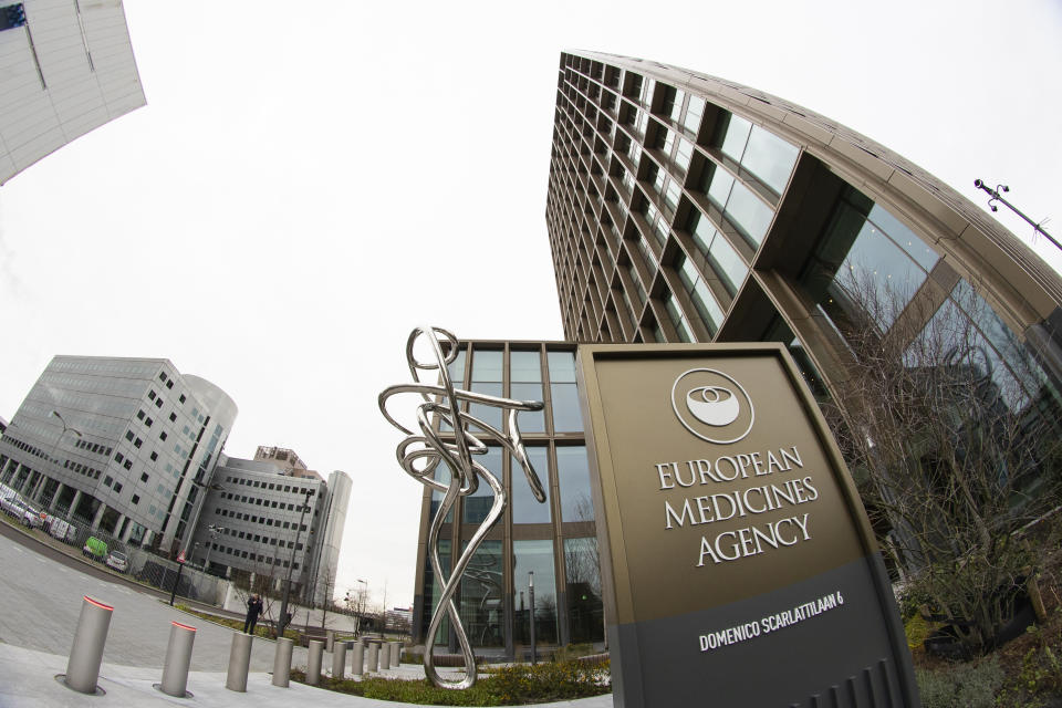 Exterior view of the European Medicines Agency in Amsterdam, Netherlands, Wednesday, Jan. 6, 2021. The European Union's medicines agency gave the green light Wednesday to Moderna Inc.'s COVID-19 vaccine, a decision that gives the 27-nation bloc a second vaccine to use in the desperate battle to tame the virus rampaging across the continent. (AP Photo/Peter Dejong)