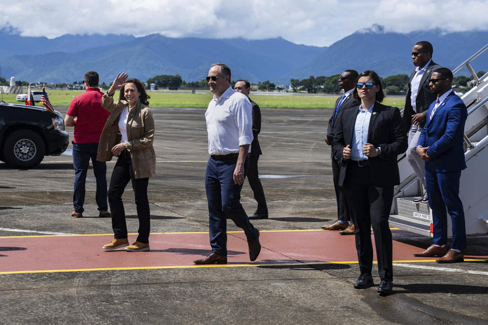 U.S. Vice President Kamala Harris arrives at the Puerto Princesa International Airport, Philippines, to visit a local village in Palawan on Tuesday, Nov. 22, 2022. (Haiyun Jiang/The New York Times via AP, Pool)