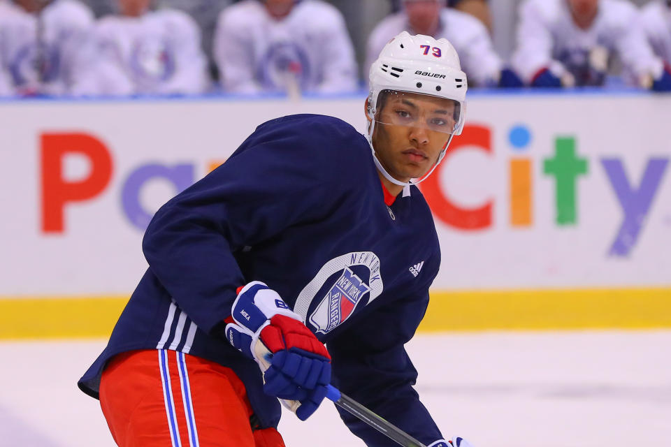 New York Rangers Defenseman K'Andre Miller (79) skates during New York Rangers Prospect Development Camp on June 29, 2018 at the MSG Training Center in New York, NY. (Photo by Rich Graessle/Icon Sportswire via Getty Images)