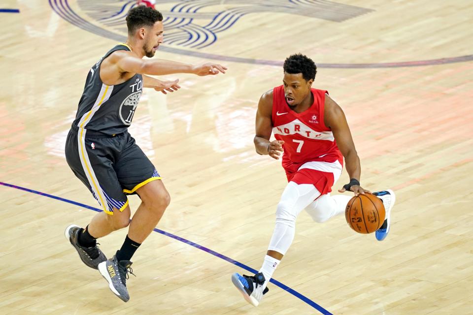 Jun 7, 2019; Oakland, CA, USA; Toronto Raptors guard Kyle Lowry (7) drives to the basket against Golden State Warriors guard Klay Thompson (11) during the first quarter in game four of the 2019 NBA Finals at Oracle Arena. Mandatory Credit: Kyle Terada-USA TODAY Sports