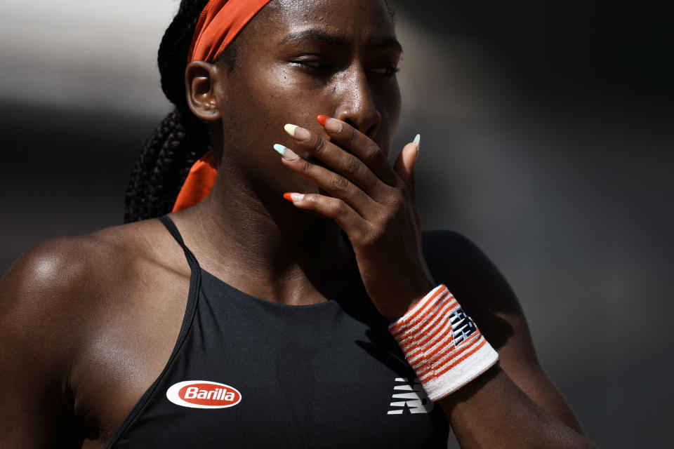 United States's Coco Gauff reacts as she plays Czech Republic's Barbora Krejcikova during their quarterfinal match of the French Open tennis tournament at the Roland Garros stadium Wednesday, June 9, 2021 in Paris. (AP Photo/Thibault Camus)