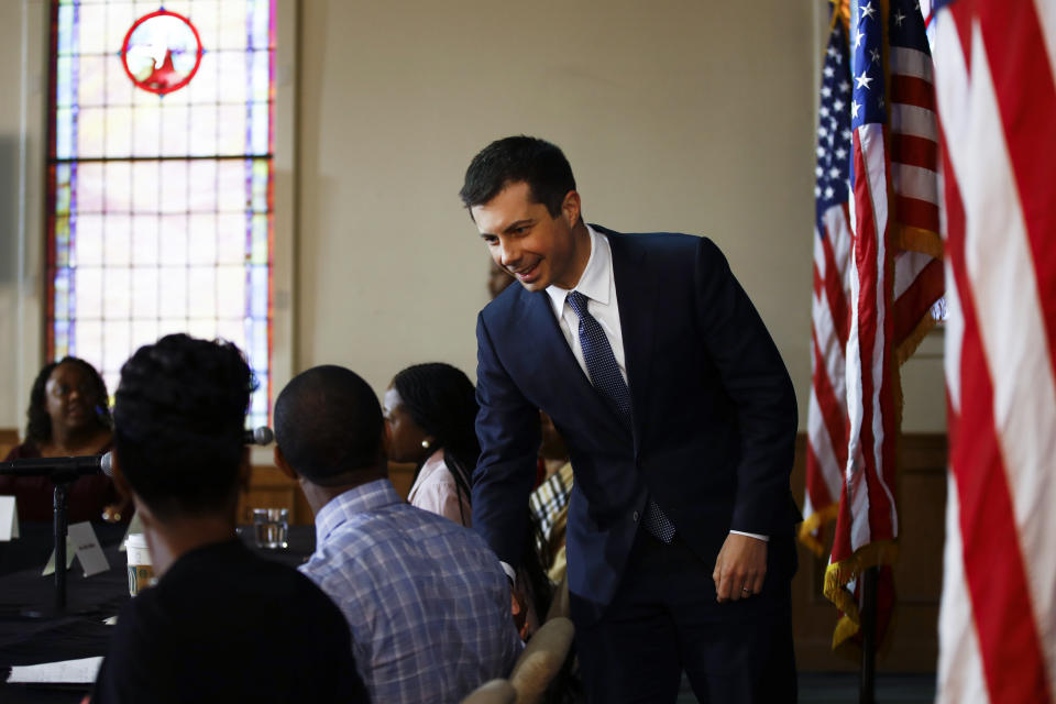 Democratic presidential candidate former South Bend, Ind., Mayor Pete Buttigieg arrives for a roundtable discussing health equity, Thursday, Feb. 27, 2020, at the Nicholtown Missionary Baptist Church in Greenville, S.C. (AP Photo/Matt Rourke)