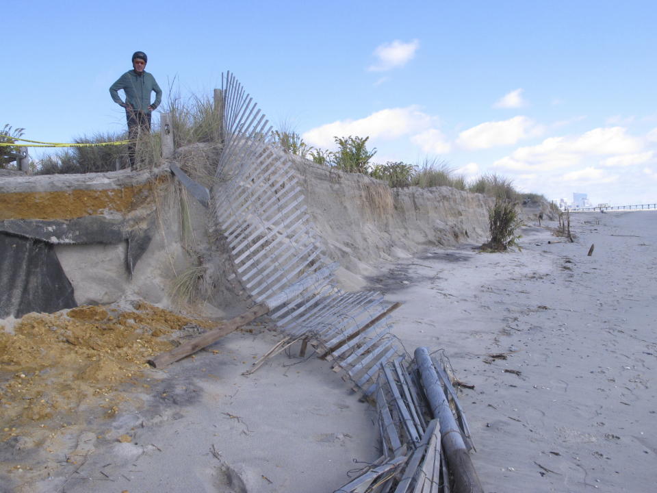 This Oct. 14, 2019, photo shows significant beach erosion in Ventnor, N.J. On Thursday, Dec. 30, 2022, Stewart Farrell, one of the nation's leading coastal scientists, is retiring after more than 50 years of studying and measuring beaches at the Jersey Shore. (AP Photo/Wayne Parry)