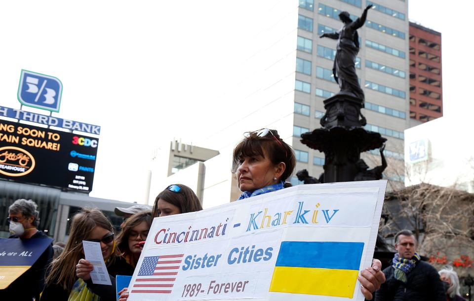 Svetlana Ryan of Loveland shows support of her hometown Kharkn, Ukraine during a demonstration Monday, February 28, 2022 on Fountain Square to show support for the people of Ukraine after Russia’s military invasion last week.