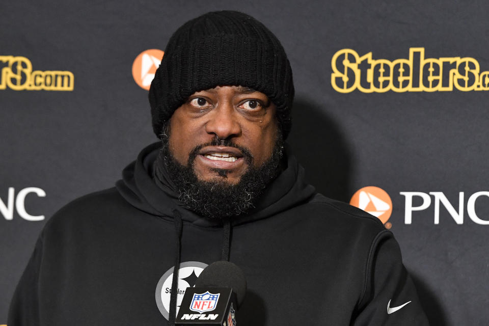 Pittsburgh Steelers head coach Mike Tomlin answers questions during a news conference after losing to the Buffalo Bills in an NFL wild-card playoff football game, Monday, Jan. 15, 2024, in Buffalo, N.Y. (AP Photo/Adrian Kraus)