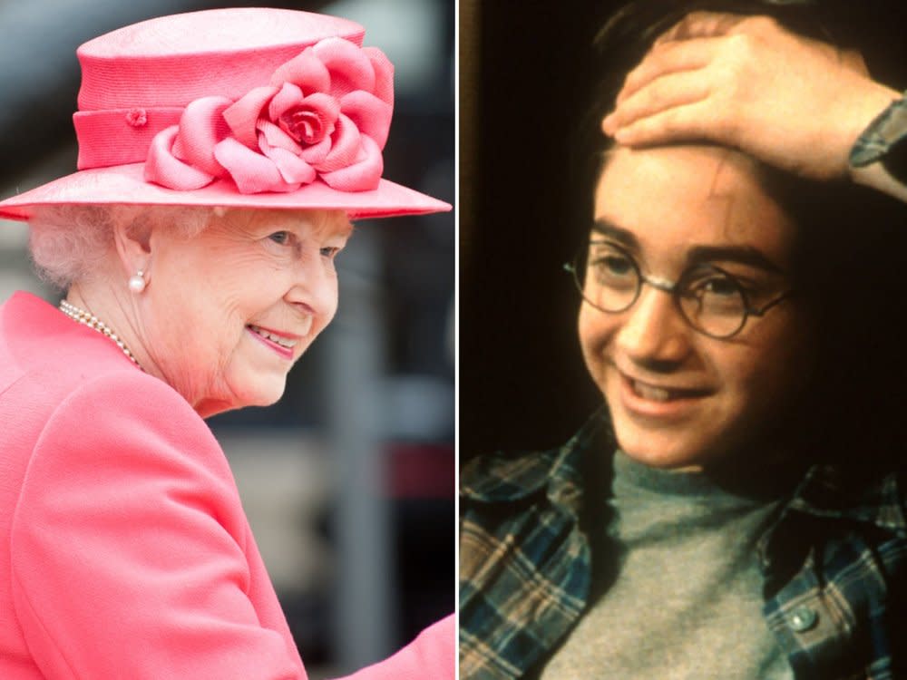 Die Queen und Harry Potter (Daniel Radcliffe in der Verfilmung von "Harry Potter und der Stein der Weisen) auf einer Münze. (Bild: imago images/United Archives / Shaun Jeffers/Shutterstock.com)