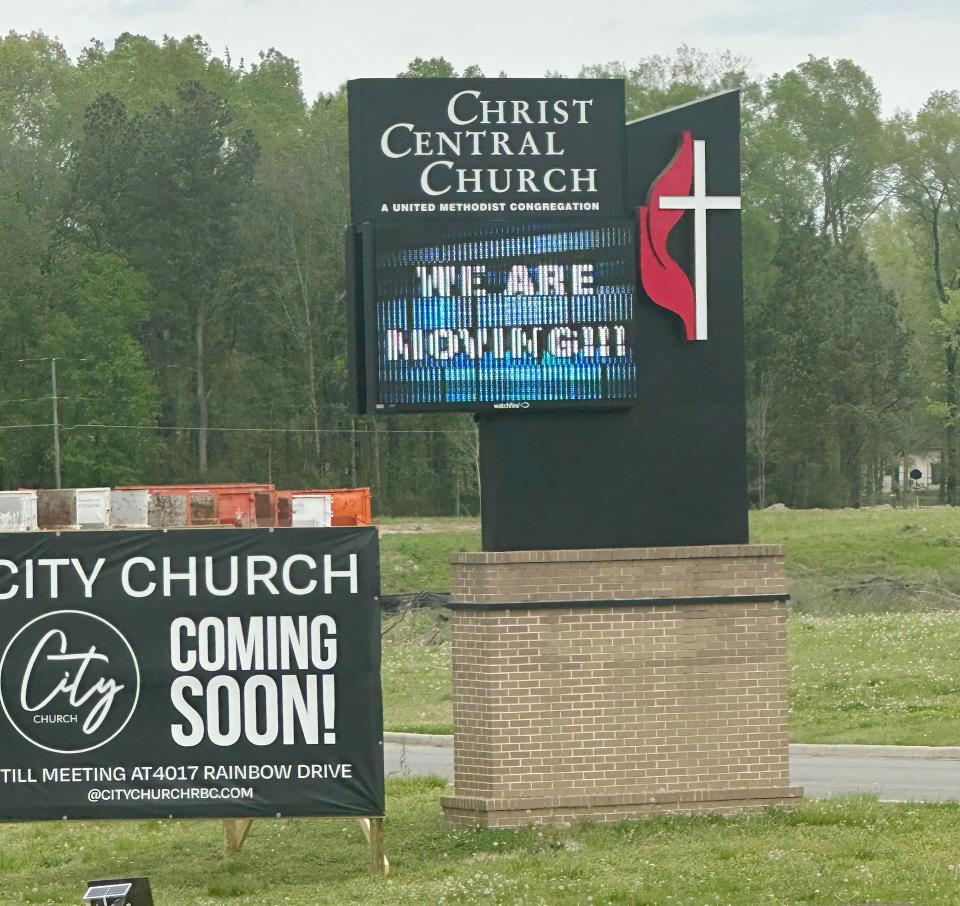 The signs tell the story: Christ Central Church, a United Methodist congregation in Rainbow City, has sold its building to CityChurch, a Church of God congregation. Christ Central is moving to Southside.