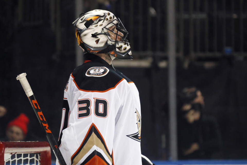 Anaheim Ducks goaltender Ryan Miller (30) reacts after giving up a goal to New York Rangers left wing Chris Kreider during the second period of an NHL hockey game, Sunday, Dec. 22, 2019, in New York. (AP Photo/Kathy Willens)