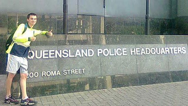 Anthony Marks boldly poses outside a Brisbane police station. Facebook/ Anthony Marks