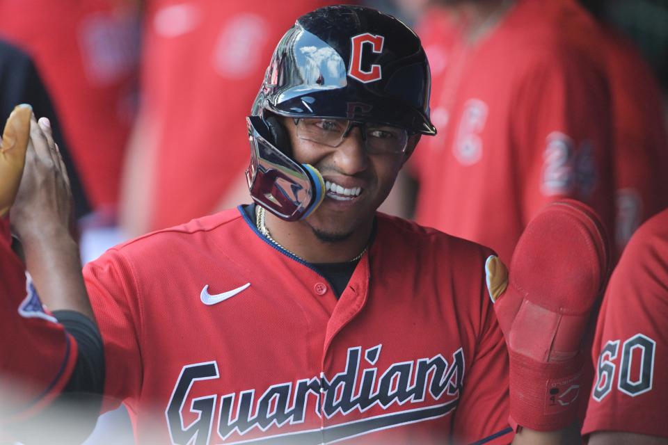 Guardians left fielder Richie Palacios celebrates after scoring during the second inning against the Minnesota Twins, June 30, 2022, in Cleveland.