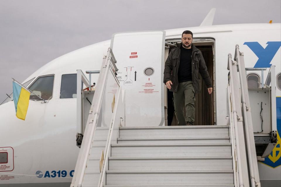 Ukrainian president Volodymyr Zelensky steps out of his plane upon his arrival at Zurich airport (POOL/AFP via Getty Images)