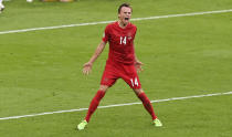 Denmark's Mikkel Damsgaard celebrates after scoring his team's first goal during the Euro 2020 soccer championship semifinal between England and Denmark at Wembley stadium in London, Wednesday, July 7, 2021. (Justin Tallis/Pool Photo via AP)