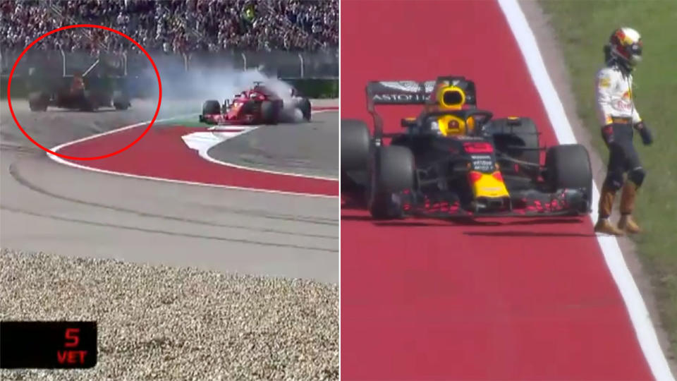 Ricciardo retired not long after colliding with Sebastian Vettel. Image: Fox Sports