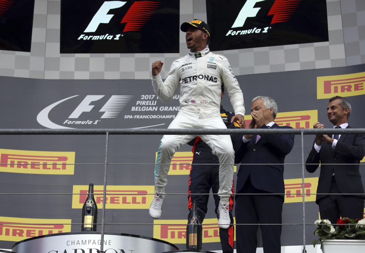 Lewis Hamilton celebrates after winning the 2017 Belgian Grand Prix at Spa-Francorchamps