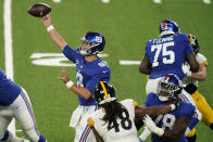 New York Giants quarterback Daniel Jones (8) passes the ball against the Pittsburgh Steelers during the first quarter of an NFL football game Monday, Sept. 14, 2020, in East Rutherford, N.J. (AP Photo/Frank Franklin II)