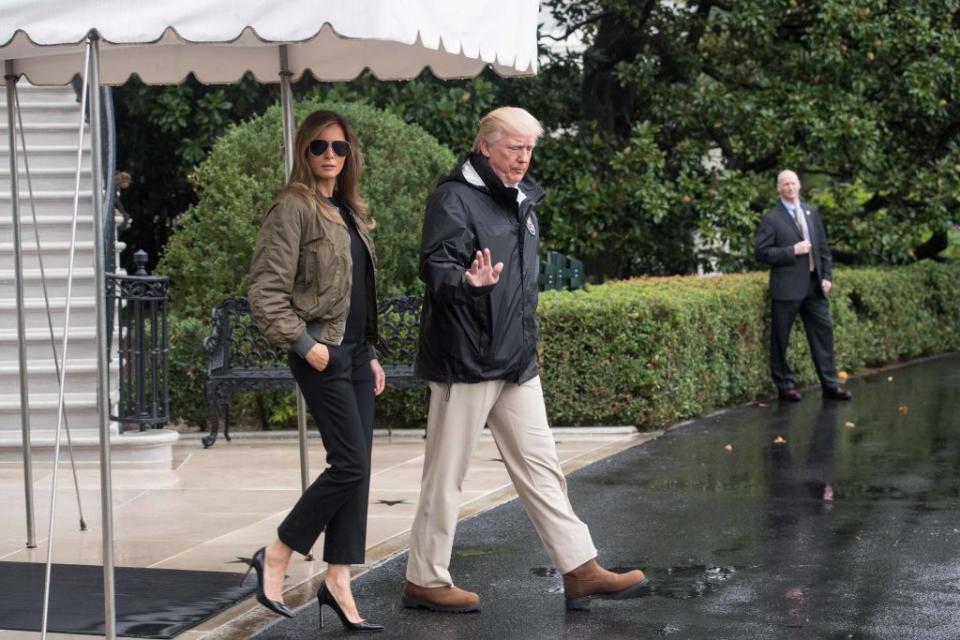 <p>Melania Trump drew <a href="https://www.vanityfair.com/style/2017/08/melania-trump-hurricane-harvey-heels" rel="nofollow noopener" target="_blank" data-ylk="slk:plenty of fire;elm:context_link;itc:0;sec:content-canvas" class="link ">plenty of fire</a> when she was spotted wearing Manolo Blahniks en route to Texas after Hurricane Harvey. <a href="http://www.cosmopolitan.com/style-beauty/fashion/a12434190/manolo-blahnik-melania-trump-hurricane-heels/" rel="nofollow noopener" target="_blank" data-ylk="slk:Designer Manolo Blahnik later defended;elm:context_link;itc:0;sec:content-canvas" class="link ">Designer Manolo Blahnik later defended</a> her choice of shoe, saying she's not "insensitive" — though he did concede "she could have worn Hunter boots."</p>