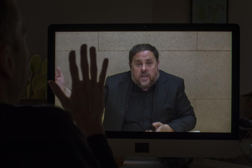 The leader of the Catalan ERC party and European Parliament candidate Oriol Junqueras speaks from Soto del Real prison in Madrid, on Friday, May 24, 2019, during an interview via video conference with The Associated Press in Barcelona, Spain. (AP Photo/Emilio Morenatti)