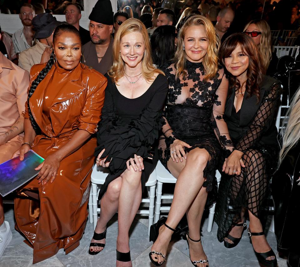 From left, Janet Jackson, Laura Linney, Alicia Silverstone and Rosie Perez attend the Christian Siriano spring/summer 2024 runway show at The Pierre Hotel on Sept. 8, 2023, in New York City.