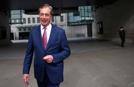 Leader of the Brexit Party Nigel Farage is pictured outside the BBC building, following the results of the European Parliament elections, in London, Britain May 27, 2019. REUTERS/Hannah Mckay