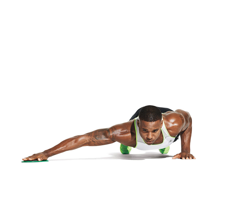 How to do it:<ol><li>Get into pushup position with one hand on a slider.</li><li>Lower your body while sliding the hand on the slider out to the side, as if performing a flye. Keep most of your weight on the non-slider arm.</li><li>Go as low as you safely can, then push up and draw your arm back in.</li></ol>