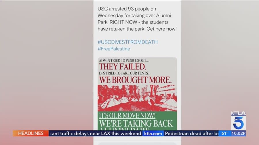 A social media post from a group called the People’s City Council calls for protestors to continue to arrive at the University of the Southern California. The pro-Palestinian demonstrations continued on April 27, 2024. (X)