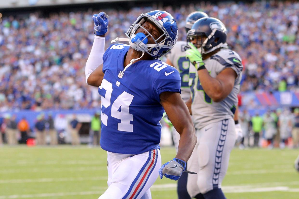 Oct 22, 2017; East Rutherford, NJ, USA; New York Giants corner back Eli Apple (24) reacts after breaking up a pass in the end zone during the second quarter against the Seattle Seahawks at MetLife Stadium. Mandatory Credit: Brad Penner-USA TODAY Sports