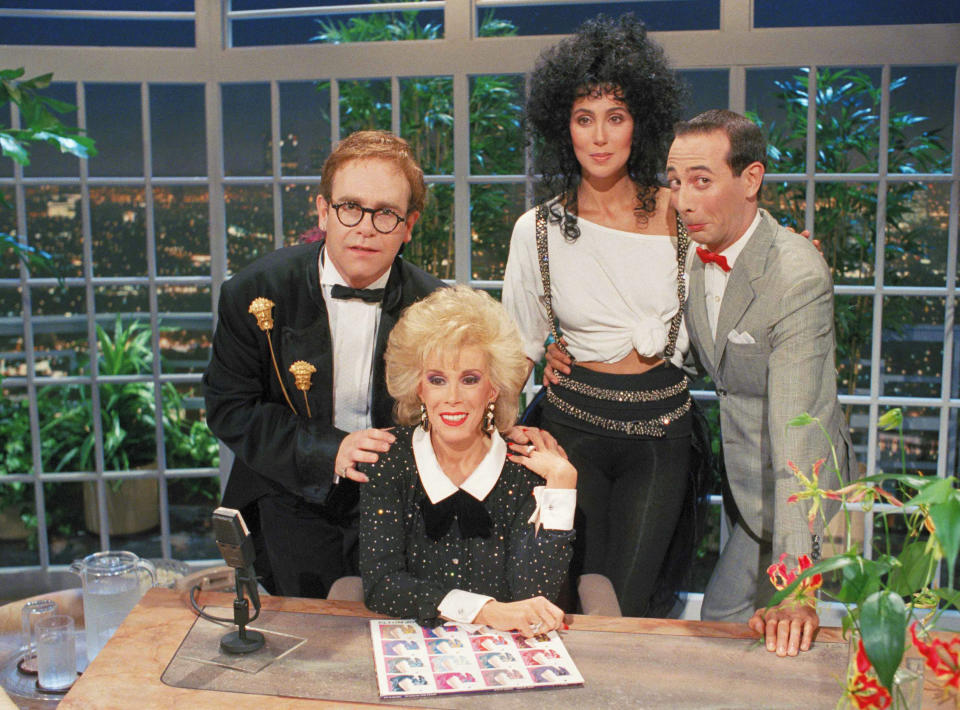 Elton John, Joan Rivers, Cher and&nbsp;Paul Reubens on the inaugural episode of&nbsp;&ldquo;The Late Show Starring Joan Rivers." (Photo: ASSOCIATED PRESS)