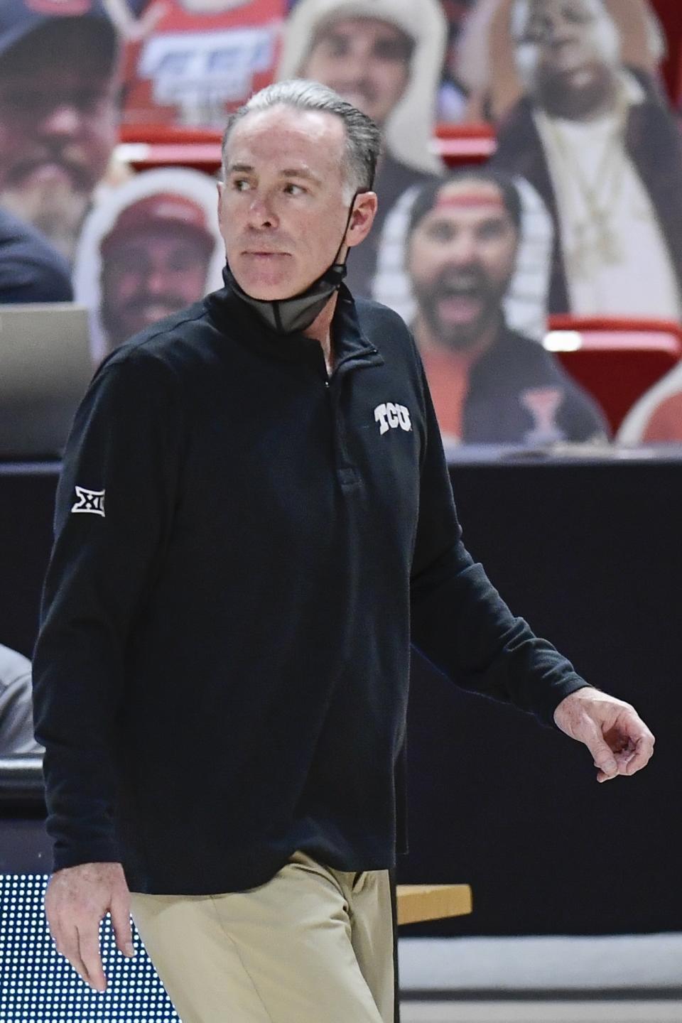 TCU head coach Jamie Dixon on the sideline during the second half of an NCAA college basketball game against Texas Tech in Lubbock, Texas, Tuesday, March 2, 2021. (AP Photo/Justin Rex)