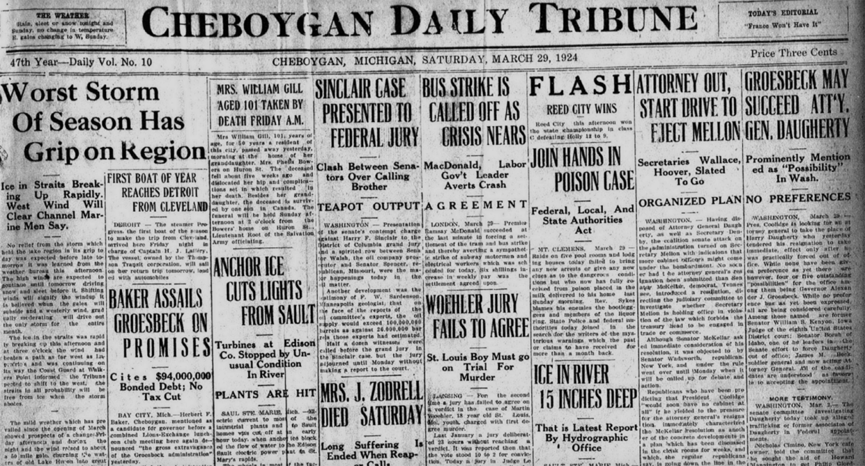 The March 29, 1924 edition of the Cheboygan Daily Tribune.
