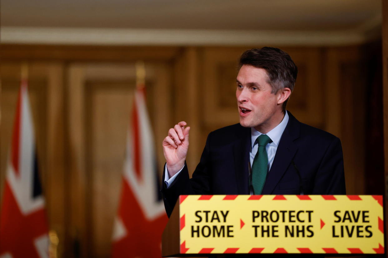 LONDON, ENGLAND - FEBRUARY 24: Education Secretary Gavin Williamson holds a virtual news conference at 10 Downing Street on February 24, 2021 in London, England. (Photo by John Sibley - WPA Pool/Getty Images)