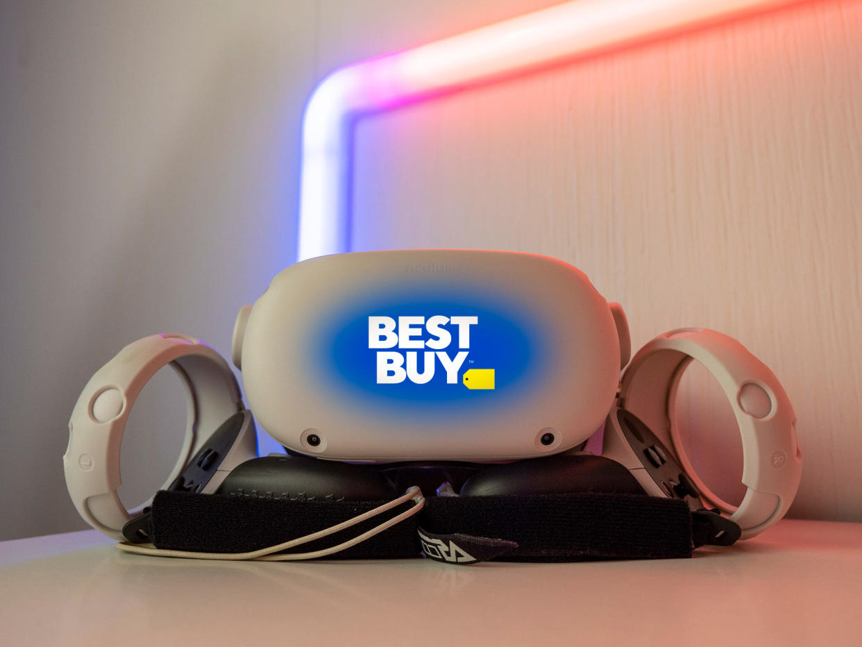  A Meta Quest 2 headset with the Best Buy logo on the front 