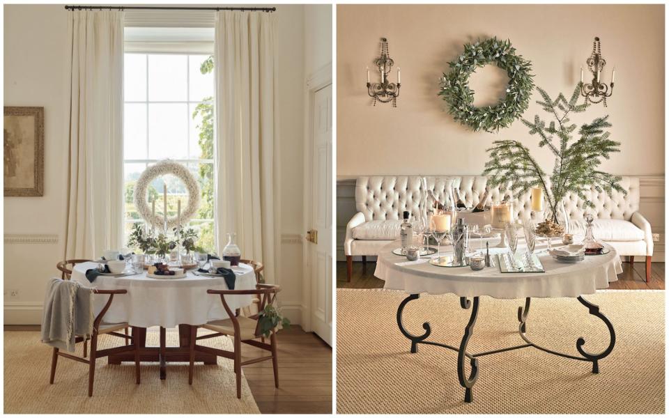 Left: windows and tabletops get the festive treatment with wreaths and candles; right, greenery reigns in the form of real and faux foliage - Chris Everard