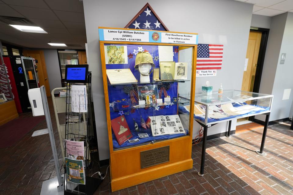 Items belonging to Hawthorne resident Lance Cpl. William G. Dutches, who was killed in the Vietnam War, on display at the Louis Bay 2nd Library & Community Center in Hawthorne on Monday, May 22, 2023. Dutches died at the age of 21 on June 14, 1966.