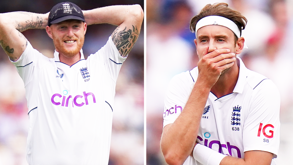 Ben Stokes (pictured left) and Stuart Broad (pictured right) react during England's cricket game.