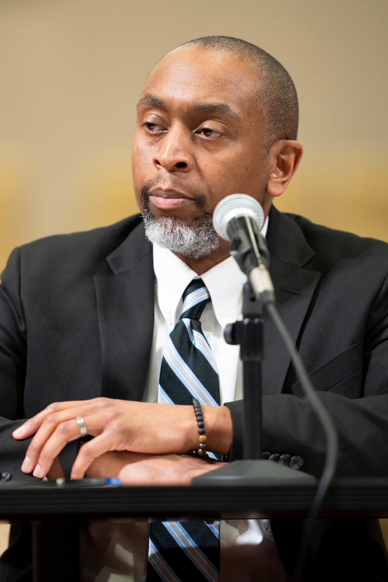 Anthony Pierson, deputy chief counsel to retiring Franklin County Prosecutor Gary Tyack, is running to replace him as prosecutor with Tyack's support. Pierson is seen here on Jan. 18, 2024, at a candidates' debate with the two other Democratic primary candidates for county prosecutor, Natalia Harris and Shayla Favor, as well as the lone Republican running, John Rutan, at Mount Hermon Missionary Baptist Church in Columbus.