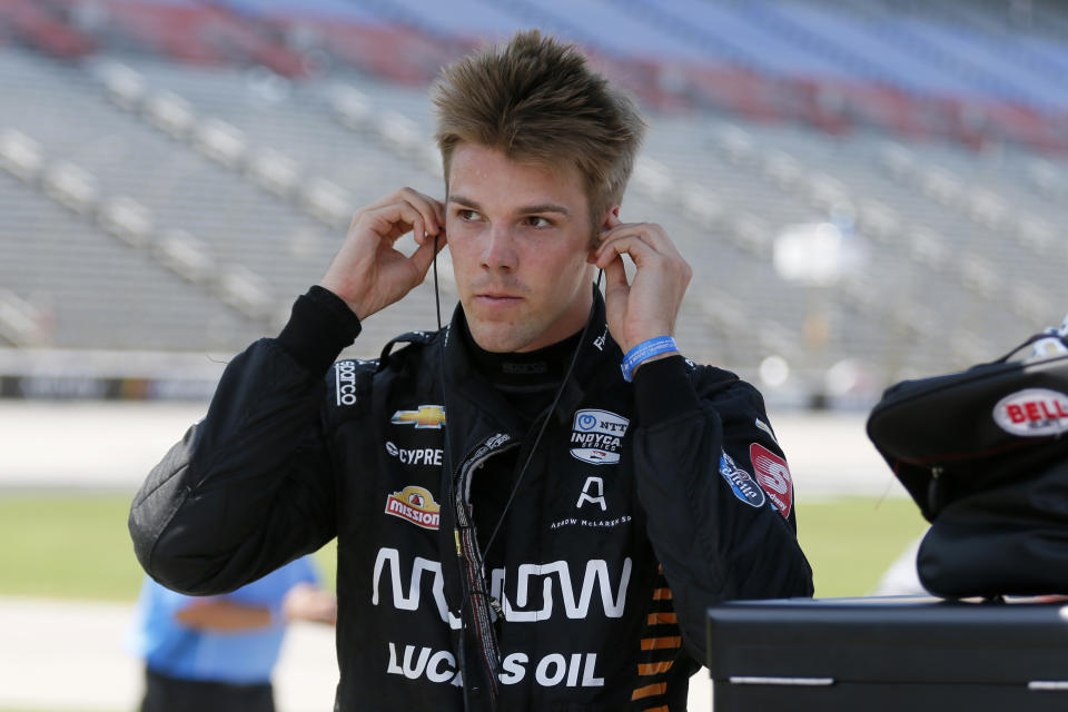Oliver Askew prepares for qualifying for an IndyCar auto race at Texas Motor Speedway in Fort Worth, Texas, Saturday, June 6, 2020. (AP Photo/Tony Gutierrez)