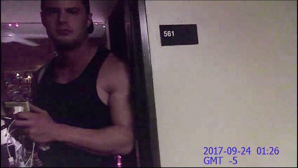 A bodycam image of Mark Howerton outside of Cayley Mandadi's Trinity University apartment after a neighbor called campus police. 